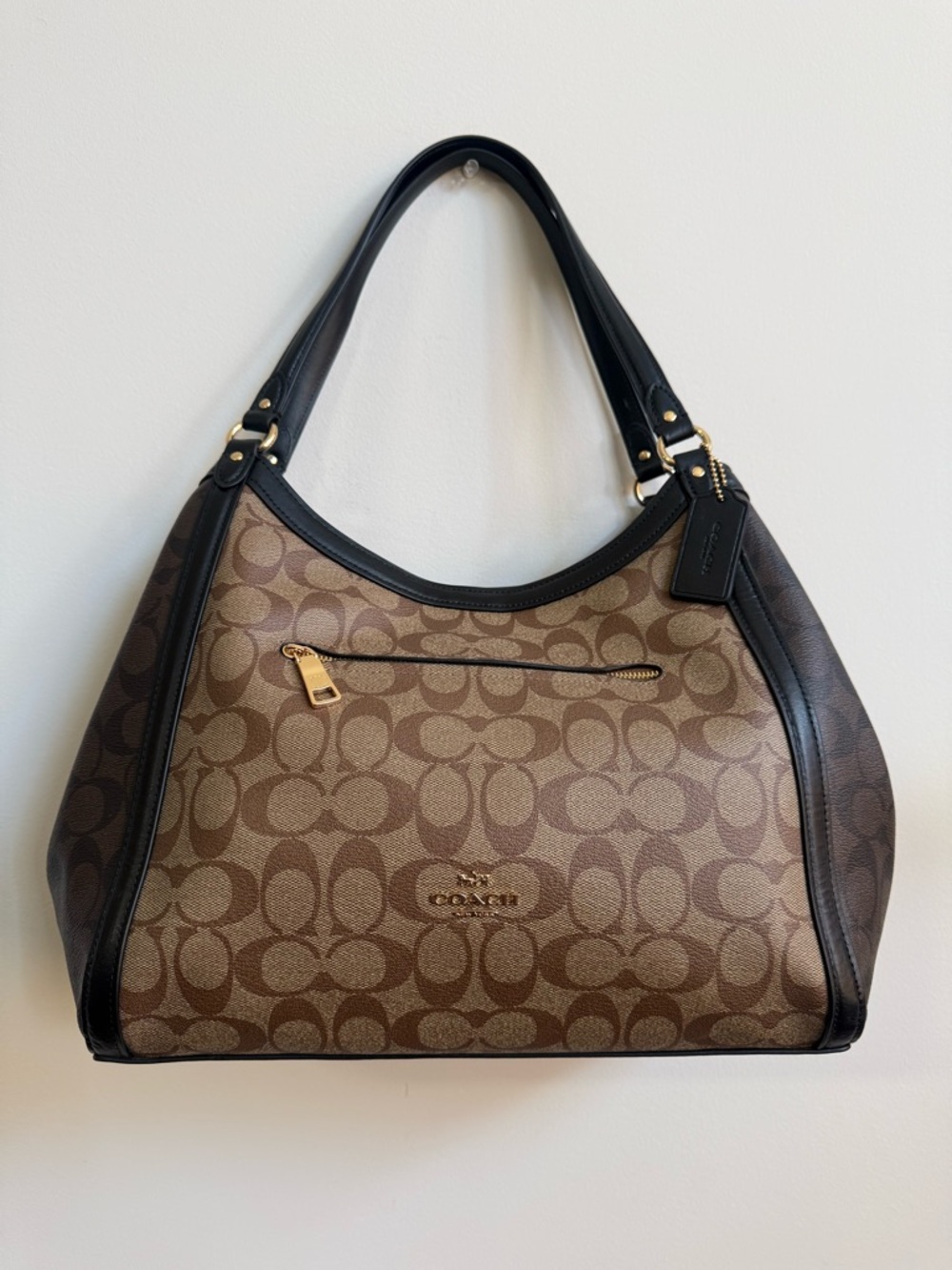Coach Brown Signature Canvas Shoulder Bag with Black Trim